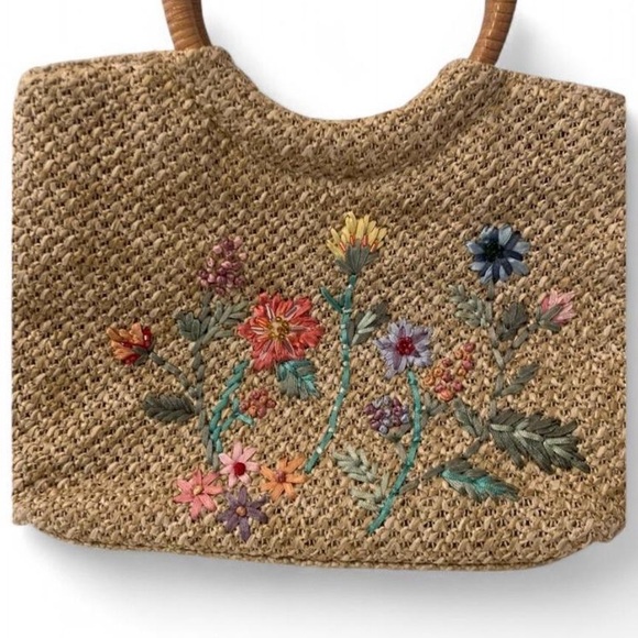 Vintage Boho Cottagecore Floral Straw Tote Bag Wooden Handles OS - Picture 2 of 5
